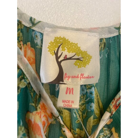 NWT Fig And Flower Green & Cream Floral Boho Tiered Midi Dress W/ Tie Neck Size - Picture 4 of 7